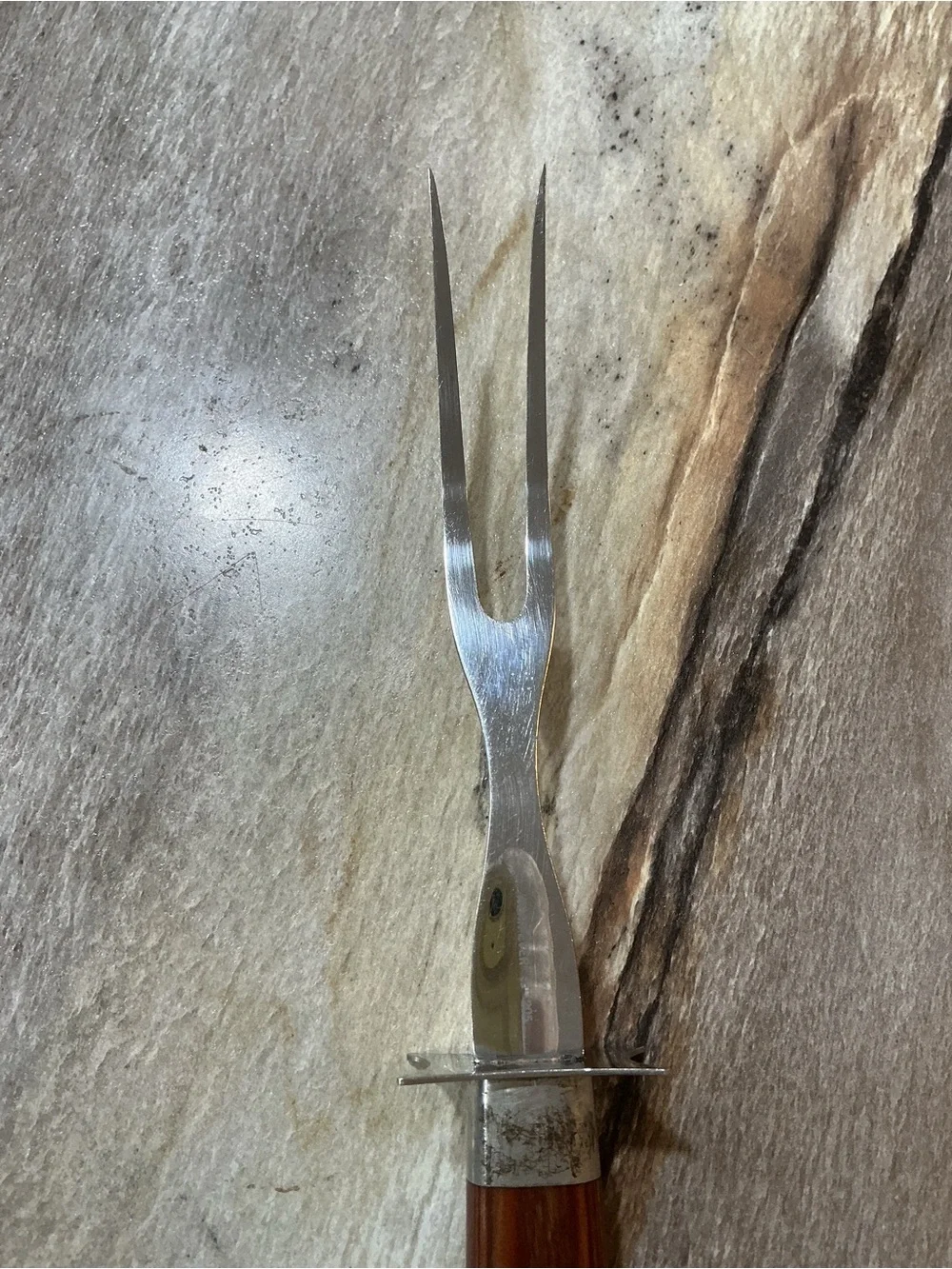 Vintage 50’s Wear-Ever #205 Carving Fork Stainless Steel 2 Tine Wood Handle 11.7